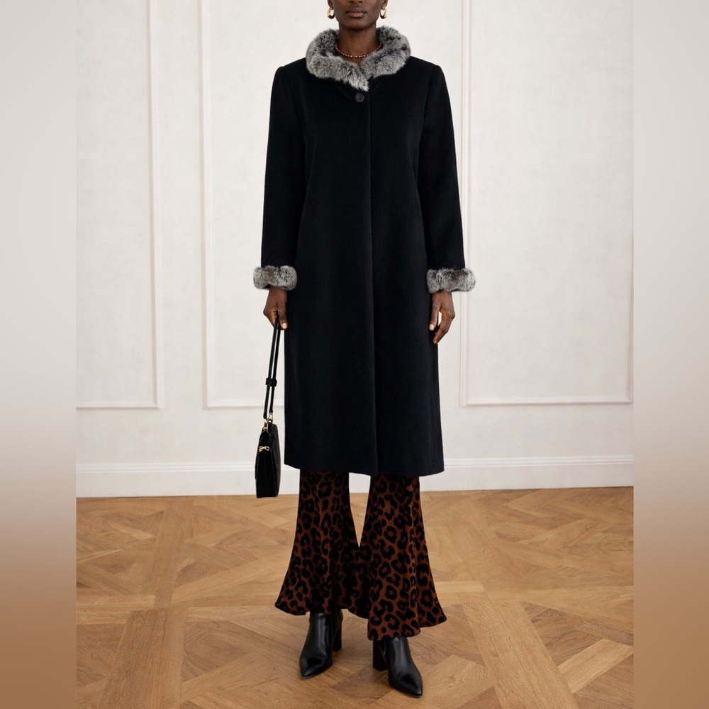 Cinzia Rocca Full Length Wool Cashmere Coat Chinchilla Fur Trim Black Sz 14